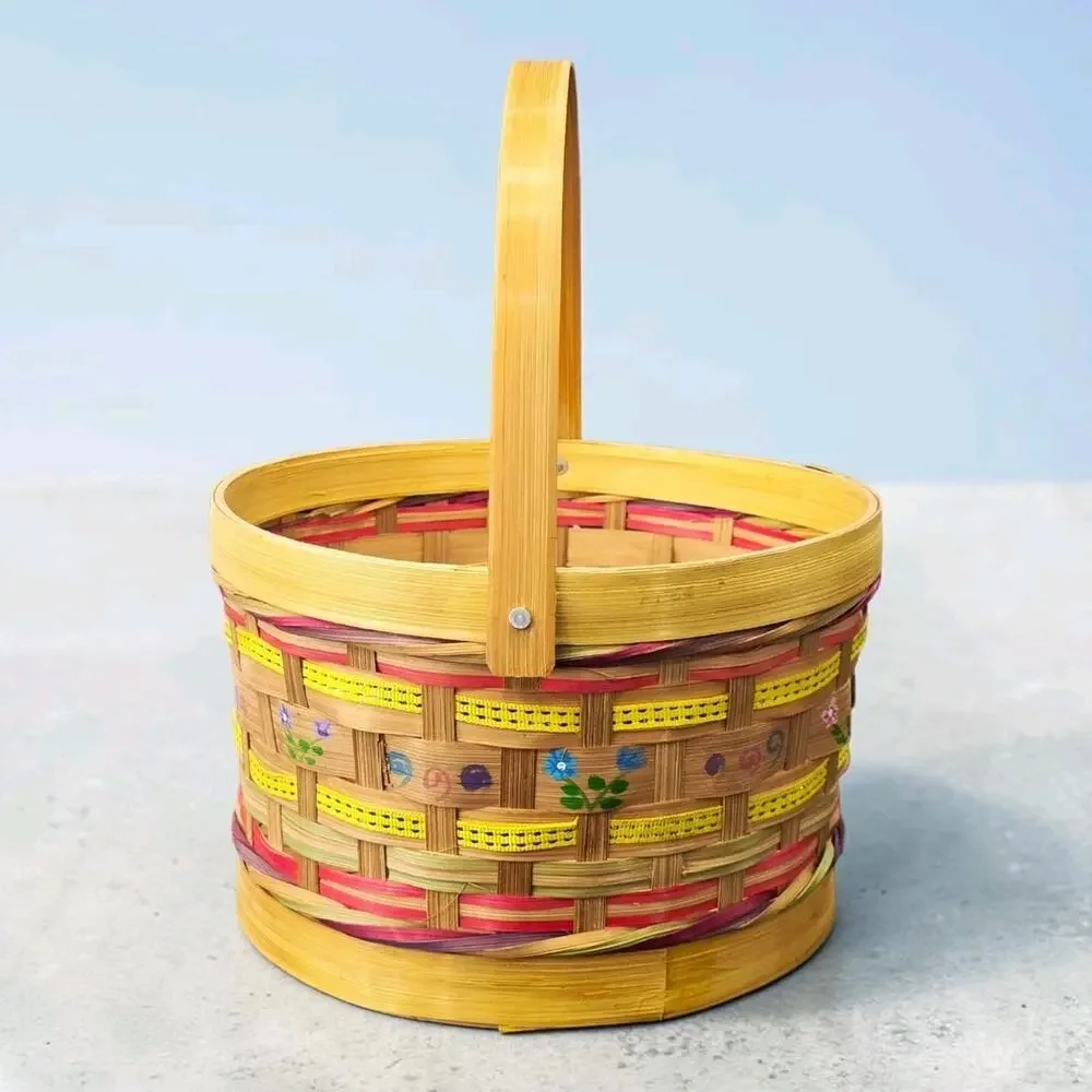 Vintage Woven Bamboo Easter Basket Hand Painted Floral 9.5